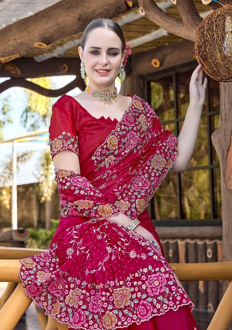 Cherry Red Resham Embroidered Burberry Silk Saree Set