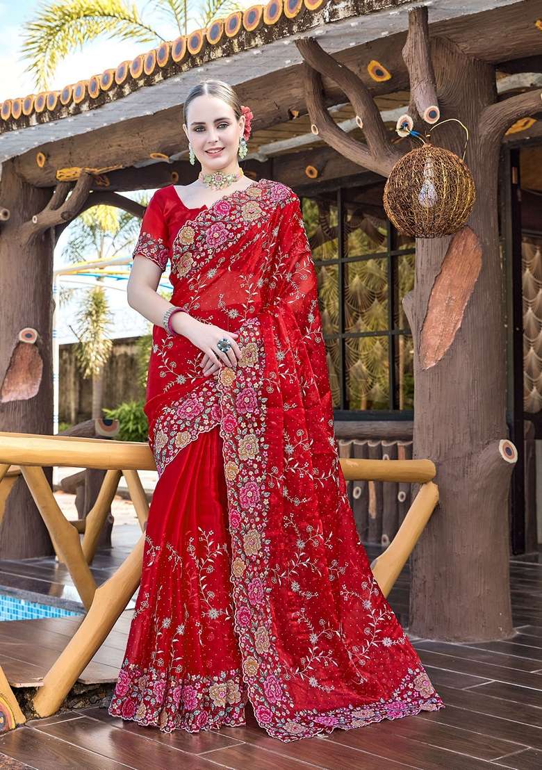 Red Resham Embroidered Burberry Silk Blend Saree Set for Diwali and Festive Wear - Indya