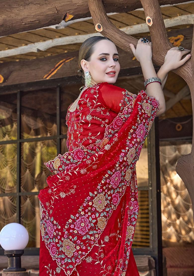 Red Resham Embroidered Burberry Silk Saree Set