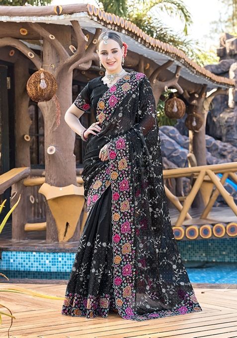 Black Resham Embroidered Burberry Silk Saree Set