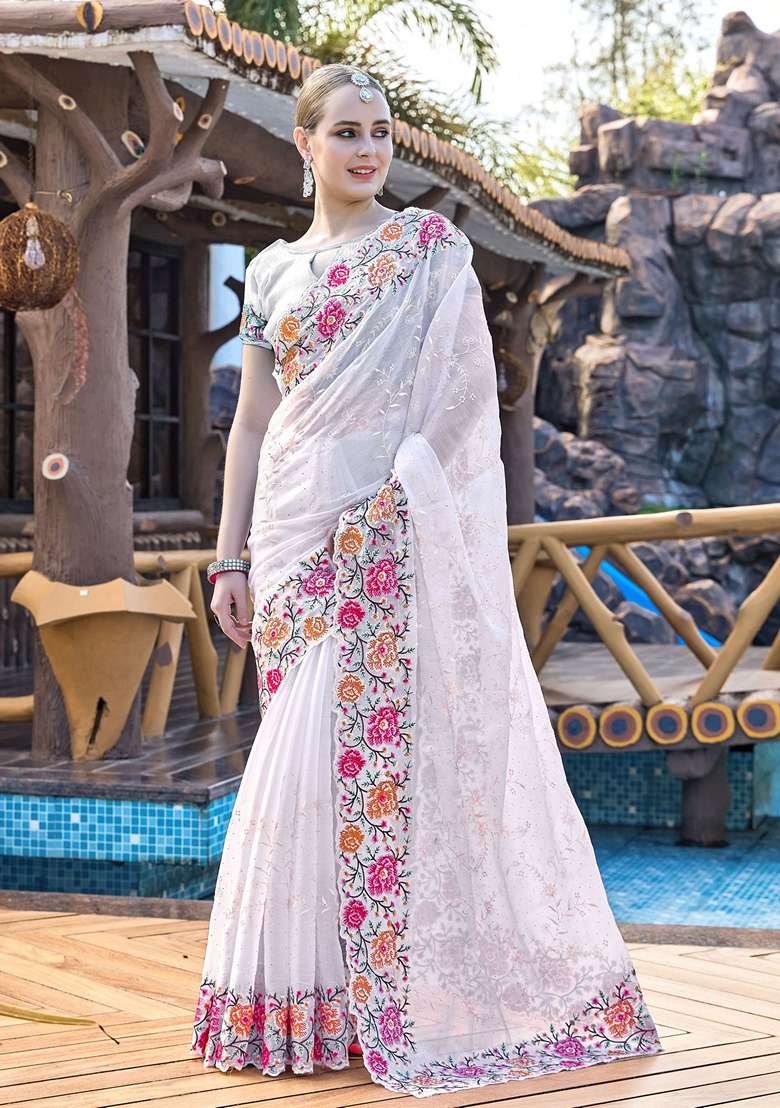 White Resham Burberry Silk Blend Saree Set with Embroidered for Diwali | Wedding & Festive Wear - Indya