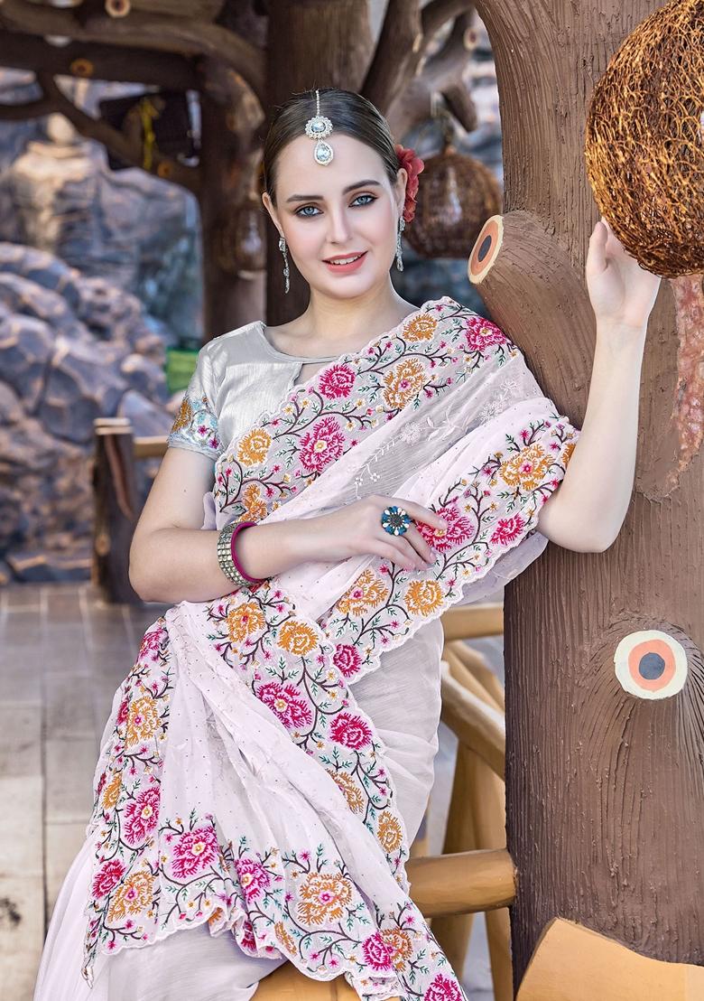 White Resham Embroidered Burberry Silk Saree Set