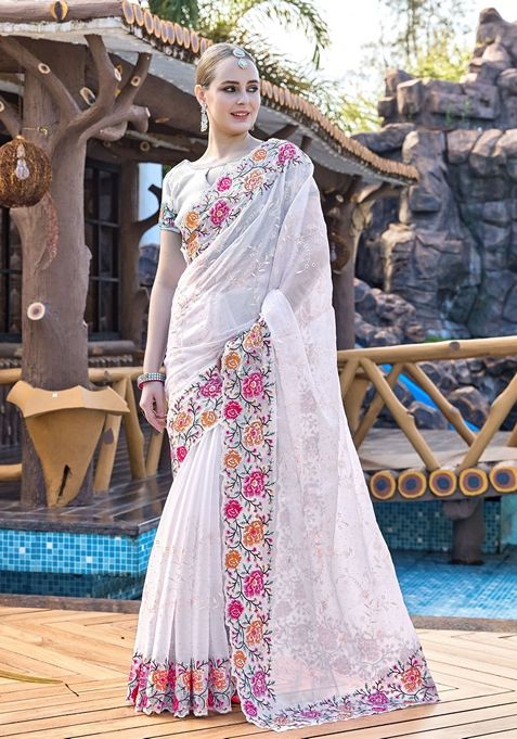 White Resham Embroidered Burberry Silk Saree Set