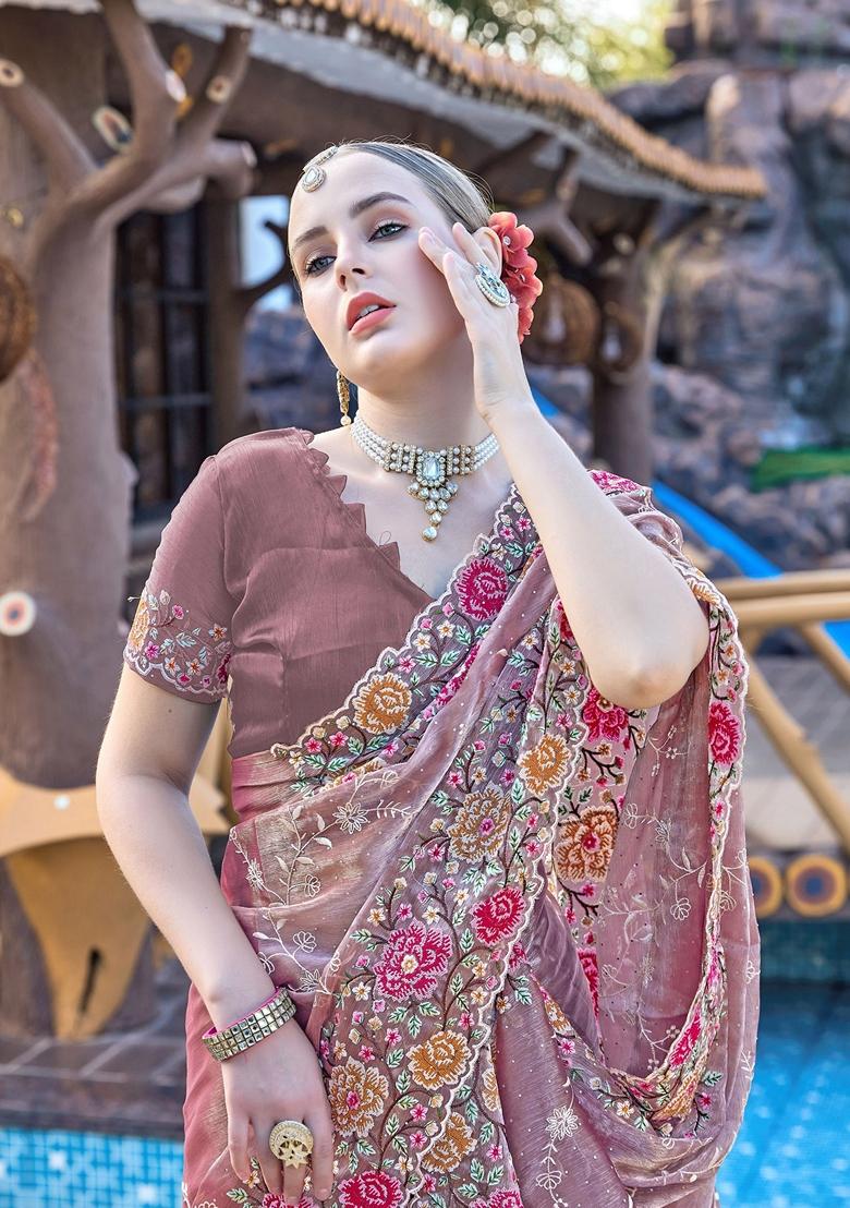 Dusty Lavender Resham Embroidered Burberry Silk Saree Set