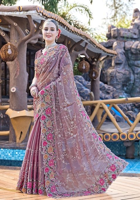 Dusty Lavender Resham Embroidered Burberry Silk Saree Set