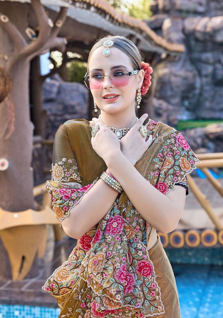 Dusty Golden Resham Embroidered Burberry Silk Saree Set