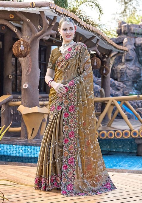 Dusty Golden Resham Embroidered Burberry Silk Saree Set