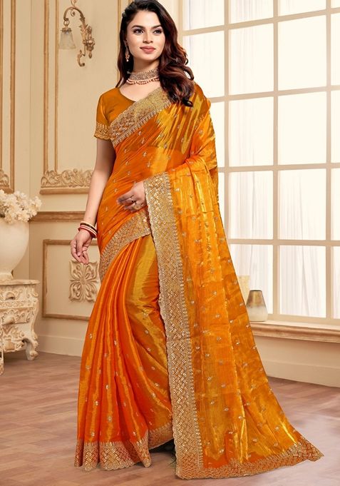 Mustard Zari Sequin Embroidered Burberry Silk Saree Set