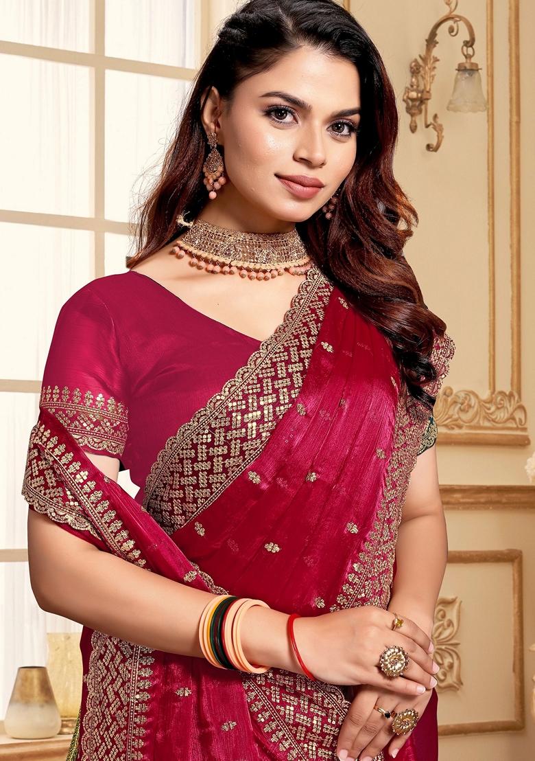 Cherry Red Zari Sequin Embroidered Burberry Silk Saree Set