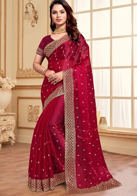 Cherry Red Zari Sequin Embroidered Burberry Silk Saree Set