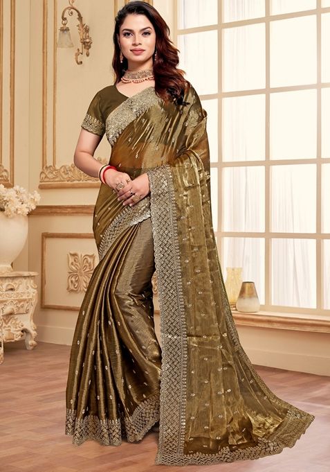 Dusty Golden Zari Sequin Embroidered Burberry Silk Saree Set