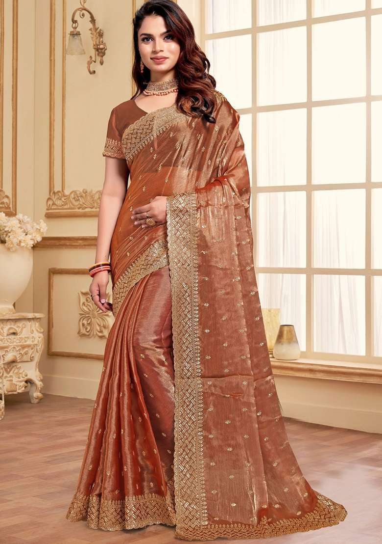 Dusty Peach Zari Burberry Silk Blend Saree Set with Embroidered & Sequin for Diwali | Wedding & Festive Wear - Indya