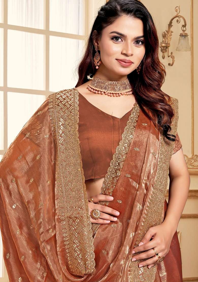 Dusty Peach Zari Burberry Silk Blend Saree Set with Embroidered & Sequin for Diwali | Wedding & Festive Wear - Indya