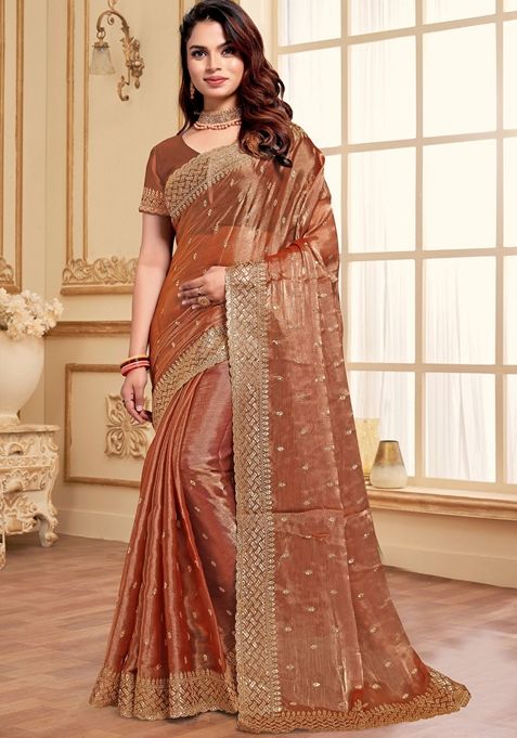 Dusty Peach Zari Sequin Embroidered Burberry Silk Saree Set