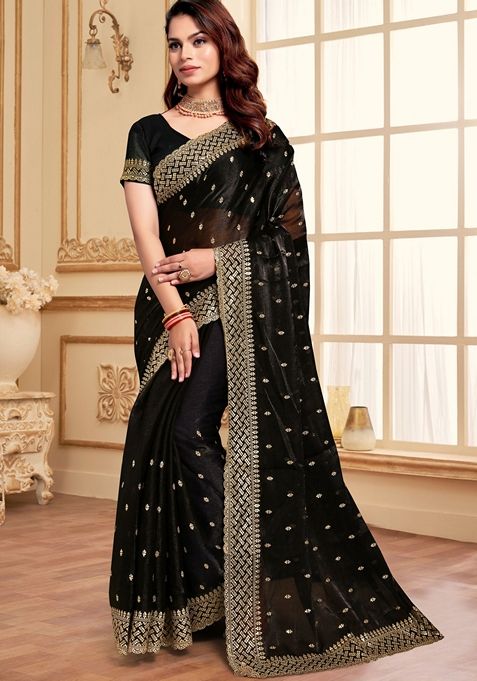 Black Zari Sequin Embroidered Burberry Silk Saree Set