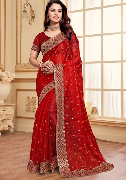 Red Zari Sequin Embroidered Burberry Silk Saree Set