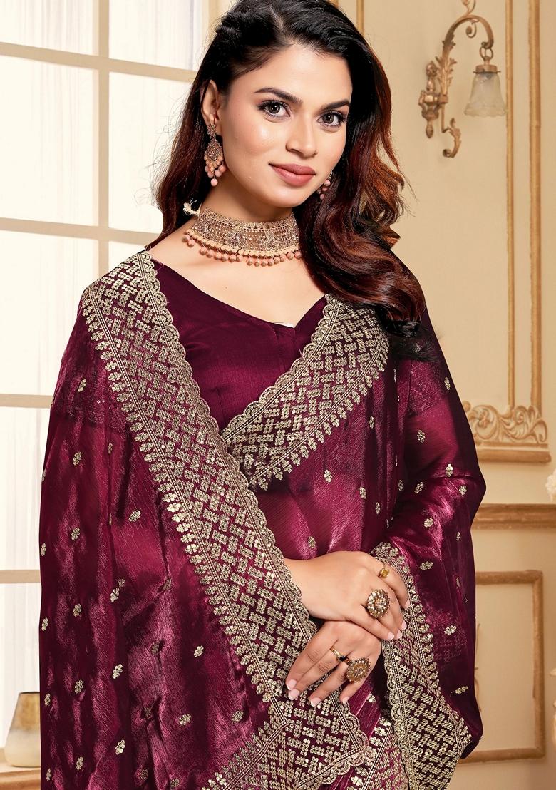Wine Zari Sequin Embroidered Burberry Silk Saree Set