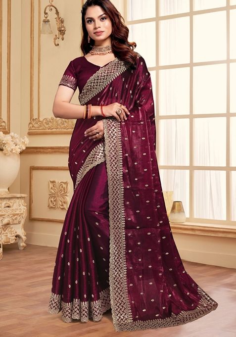 Wine Zari Sequin Embroidered Burberry Silk Saree Set