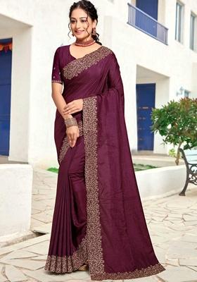 Wine Zari Embroidered Art Silk Saree Set