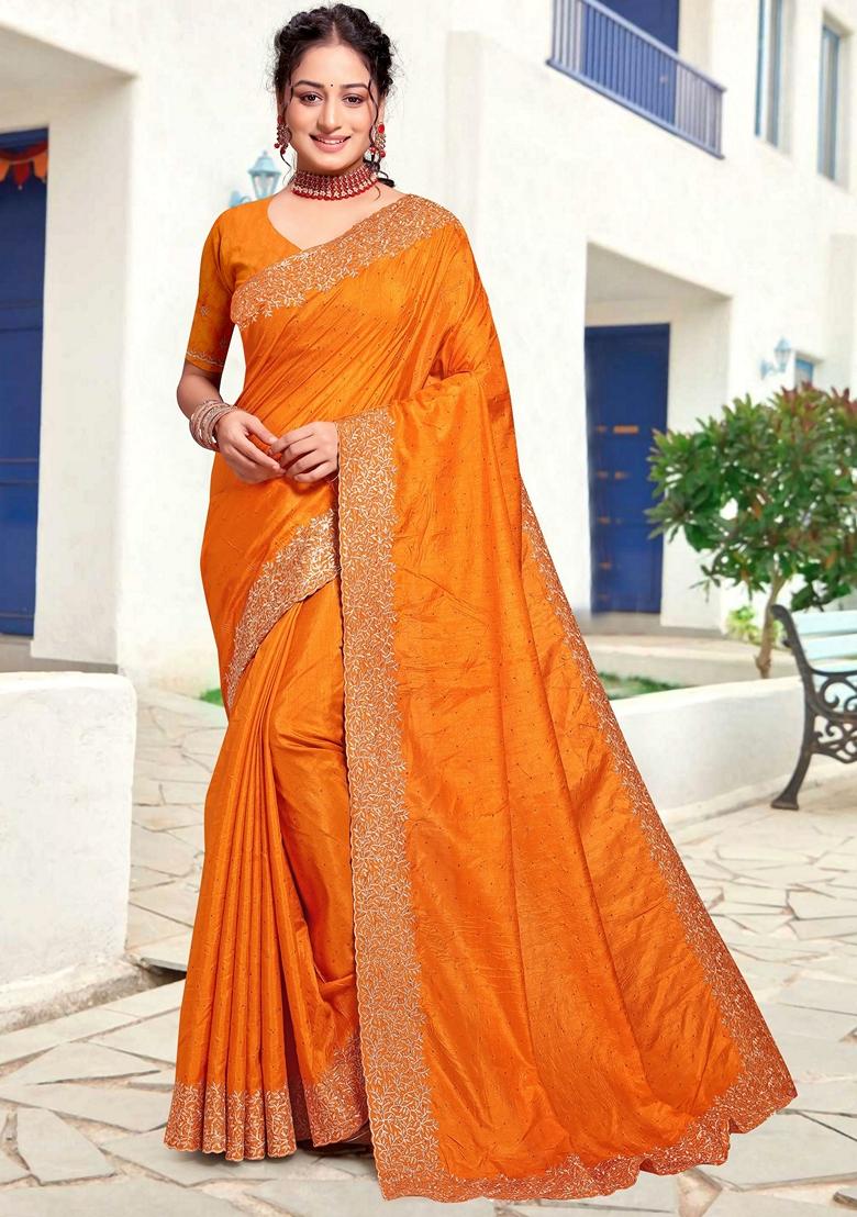 Mustard Zari Embroidered Art Silk Saree Set