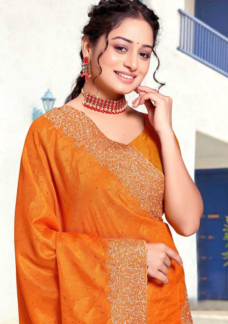 Mustard Zari Embroidered Art Silk Saree Set