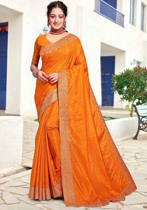 Mustard Zari Embroidered Art Silk Saree Set