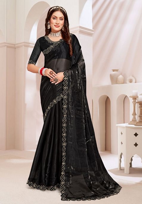 Black Zircon Embellished Burberry Silk Saree Set