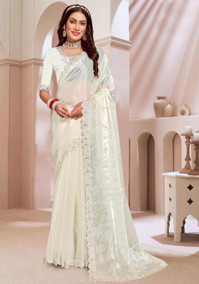 Buy Women Cream Zircon Embellished Burberry Silk Saree Set