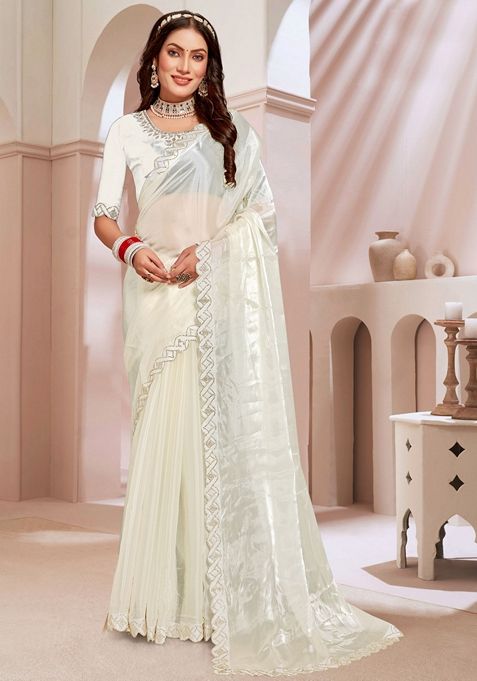 Cream Zircon Embellished Burberry Silk Saree Set