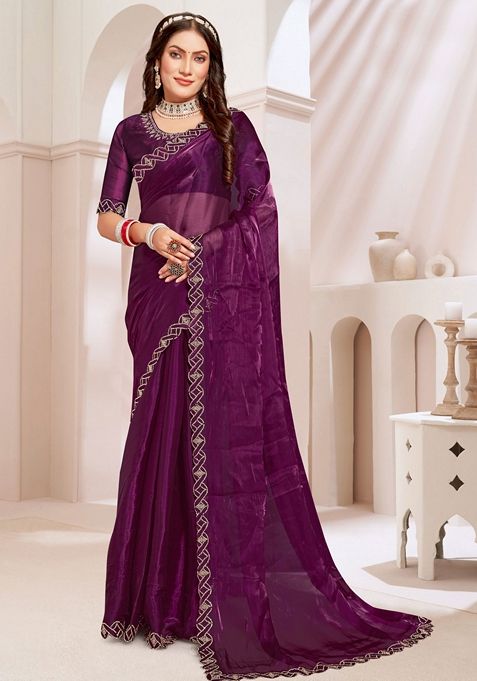 Wine Zircon Embellished Burberry Silk Saree Set