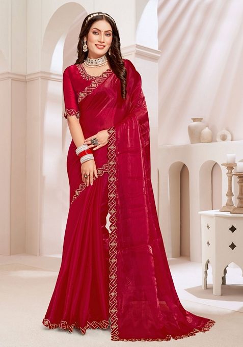 Cherry Red Zircon Embellished Burberry Silk Saree Set