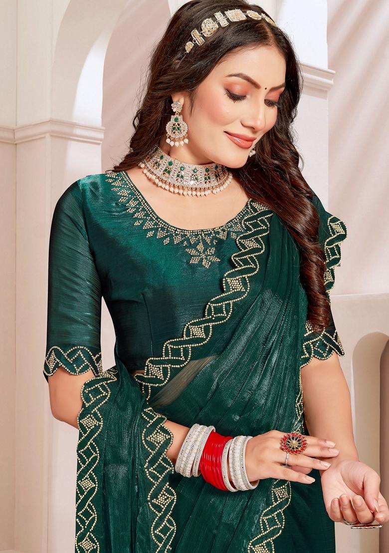 Rama Blue Zircon Embellished Burberry Silk Saree Set