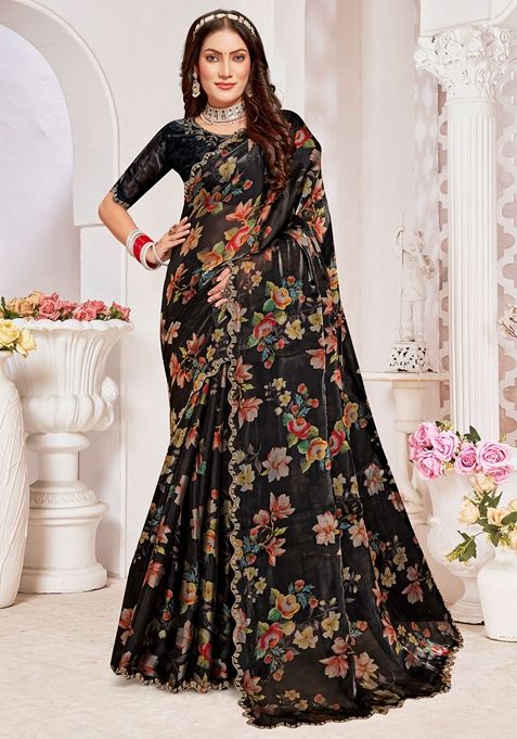 Black Zircon Embellished Crystal Organza Silk Saree Set