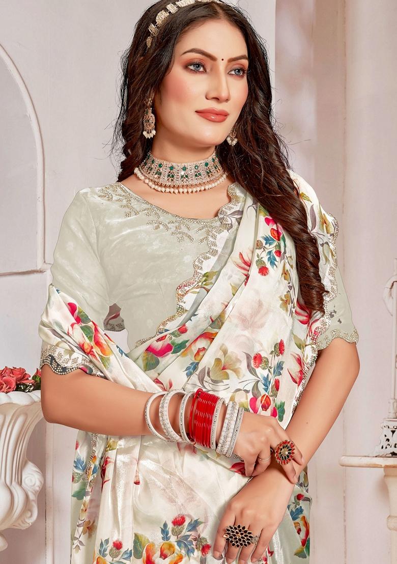 Cream Zircon Embellished Crystal Organza Silk Saree Set