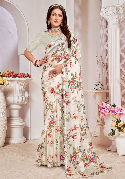 Cream Zircon Embellished Crystal Organza Silk Saree Set