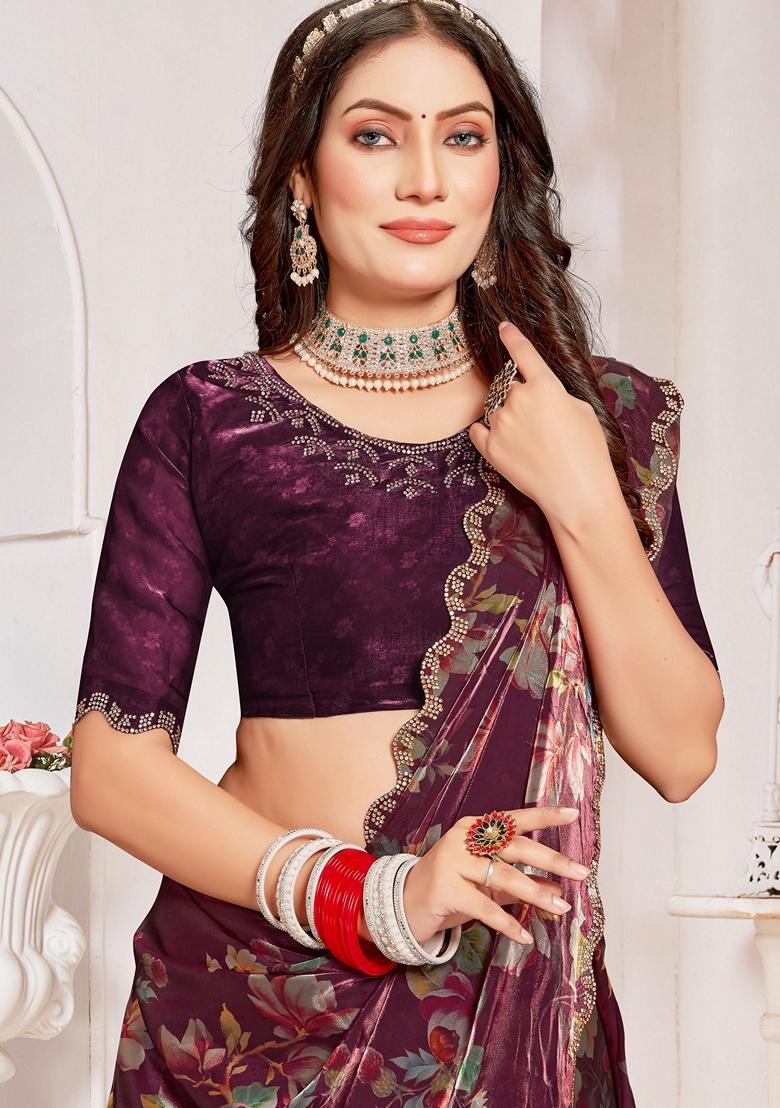 Wine Zircon Embellished Crystal Organza Silk Saree Set