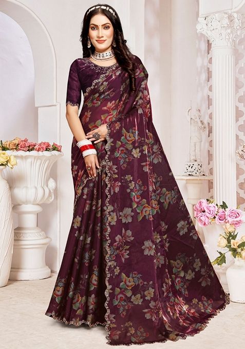 Wine Zircon Embellished Crystal Organza Silk Saree Set