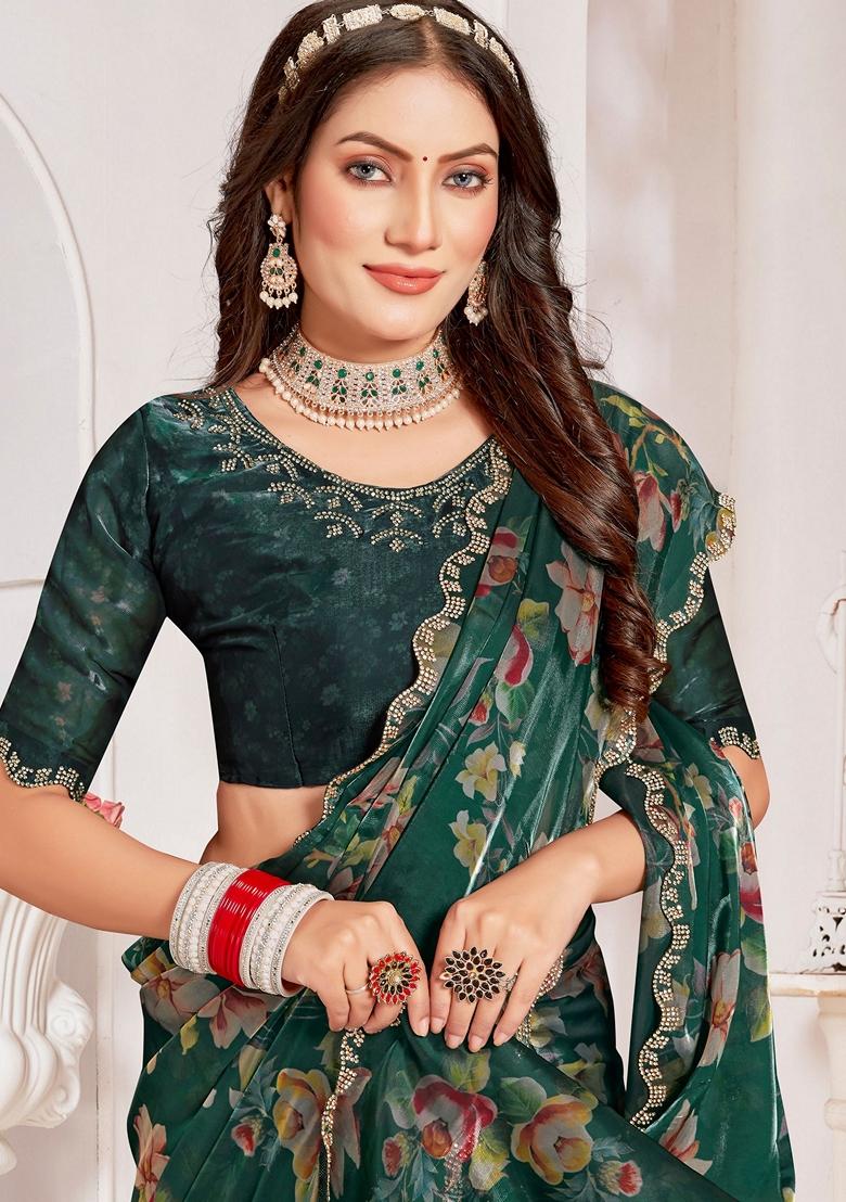 Bottle Green Zircon Embellished Crystal Organza Silk Saree Set