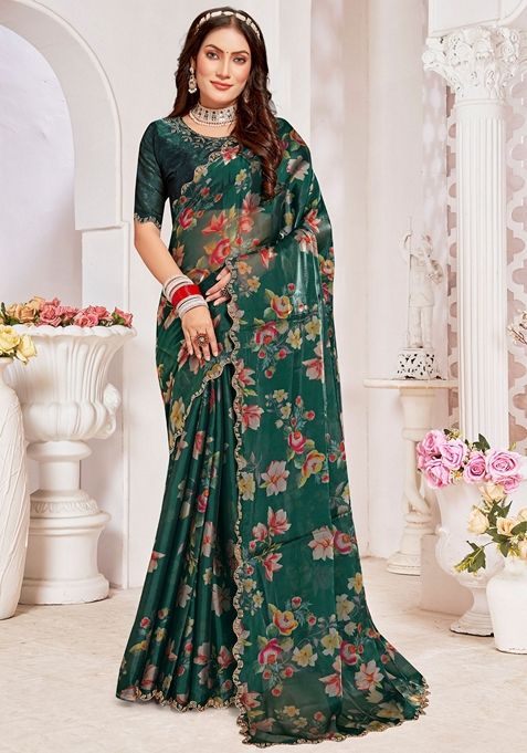 Bottle Green Zircon Embellished Crystal Organza Silk Saree Set