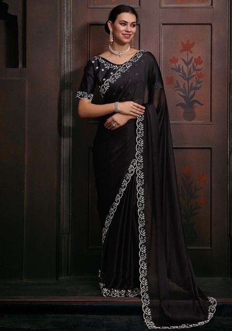 Black Zircon Embellished Pure Chiffon Saree Set