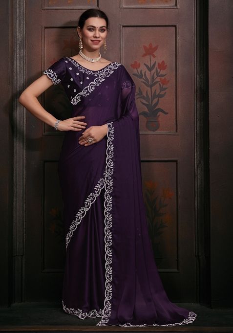 Purple Zircon Embellished Pure Chiffon Saree Set