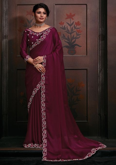 Maroon Zircon Embellished Pure Chiffon Saree Set