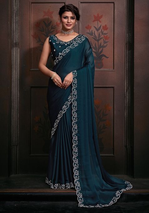 Teal Zircon Embellished Pure Chiffon Saree Set