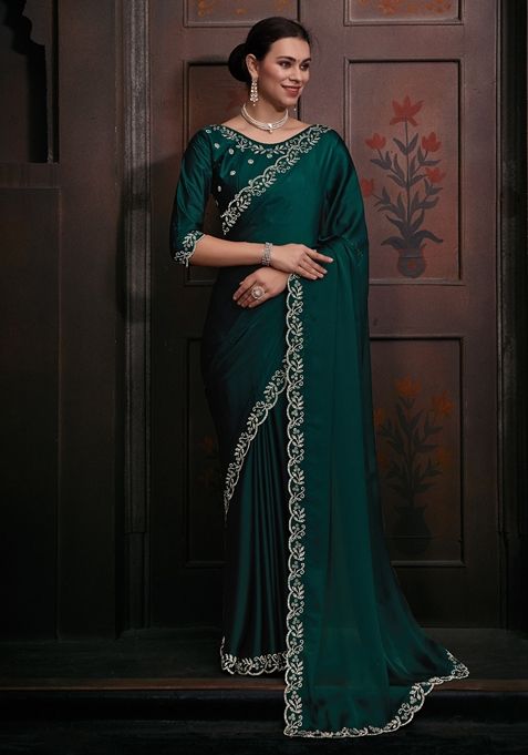 Green Zircon Embellished Pure Chiffon Saree Set