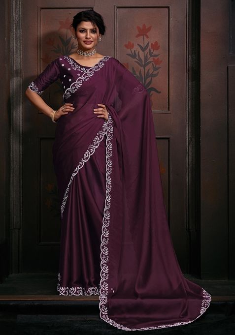 Purple Zircon Embellished Pure Chiffon Saree Set