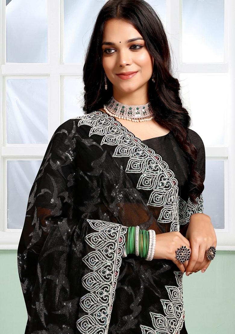 Black Sequin Embroidered Jimmy Choo Silk Saree Set