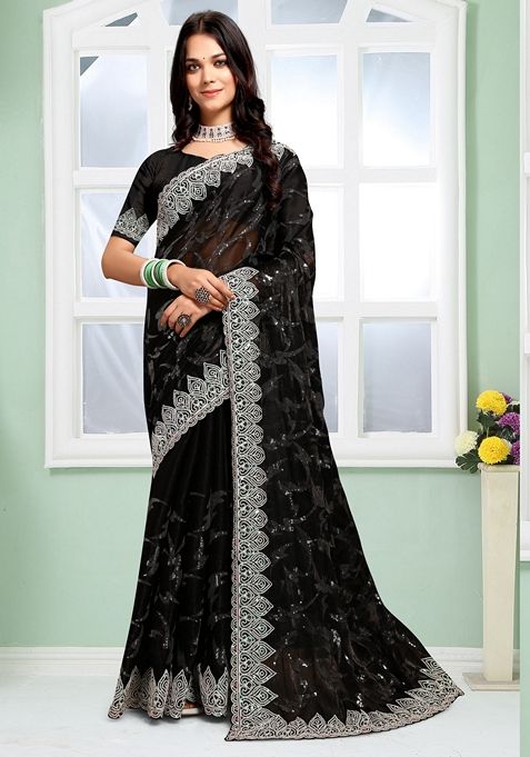 Black Sequin Embroidered Jimmy Choo Silk Saree Set