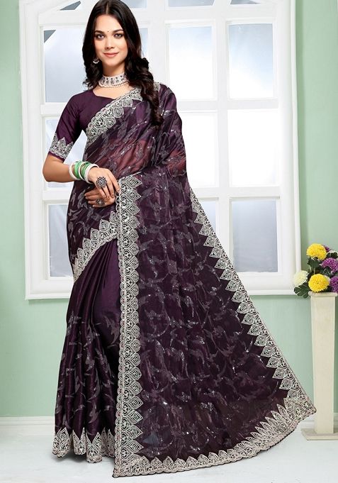 Purple Sequin Embroidered Jimmy Choo Silk Saree Set