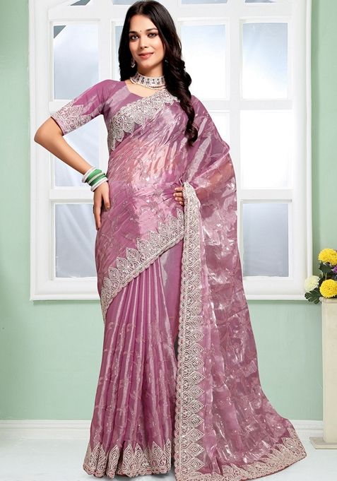 Dusty Pink Sequin Embroidered Jimmy Choo Silk Saree Set