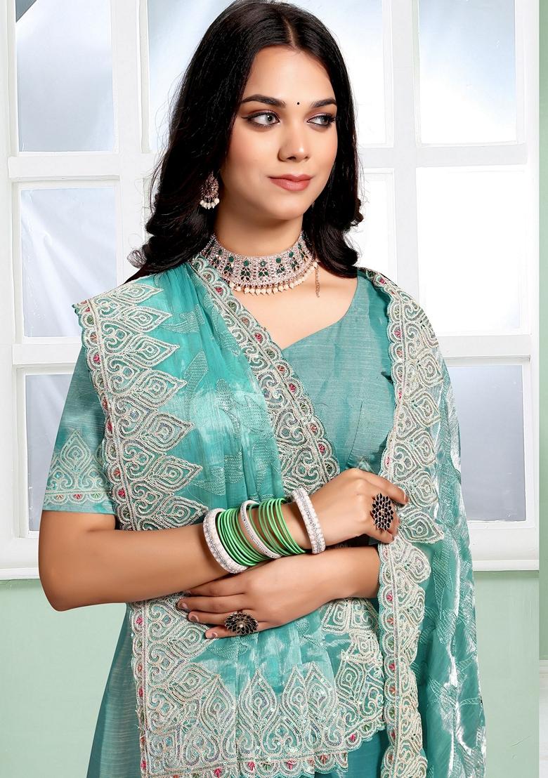 Dusty Blue Sequin Embroidered Jimmy Choo Silk Saree Set